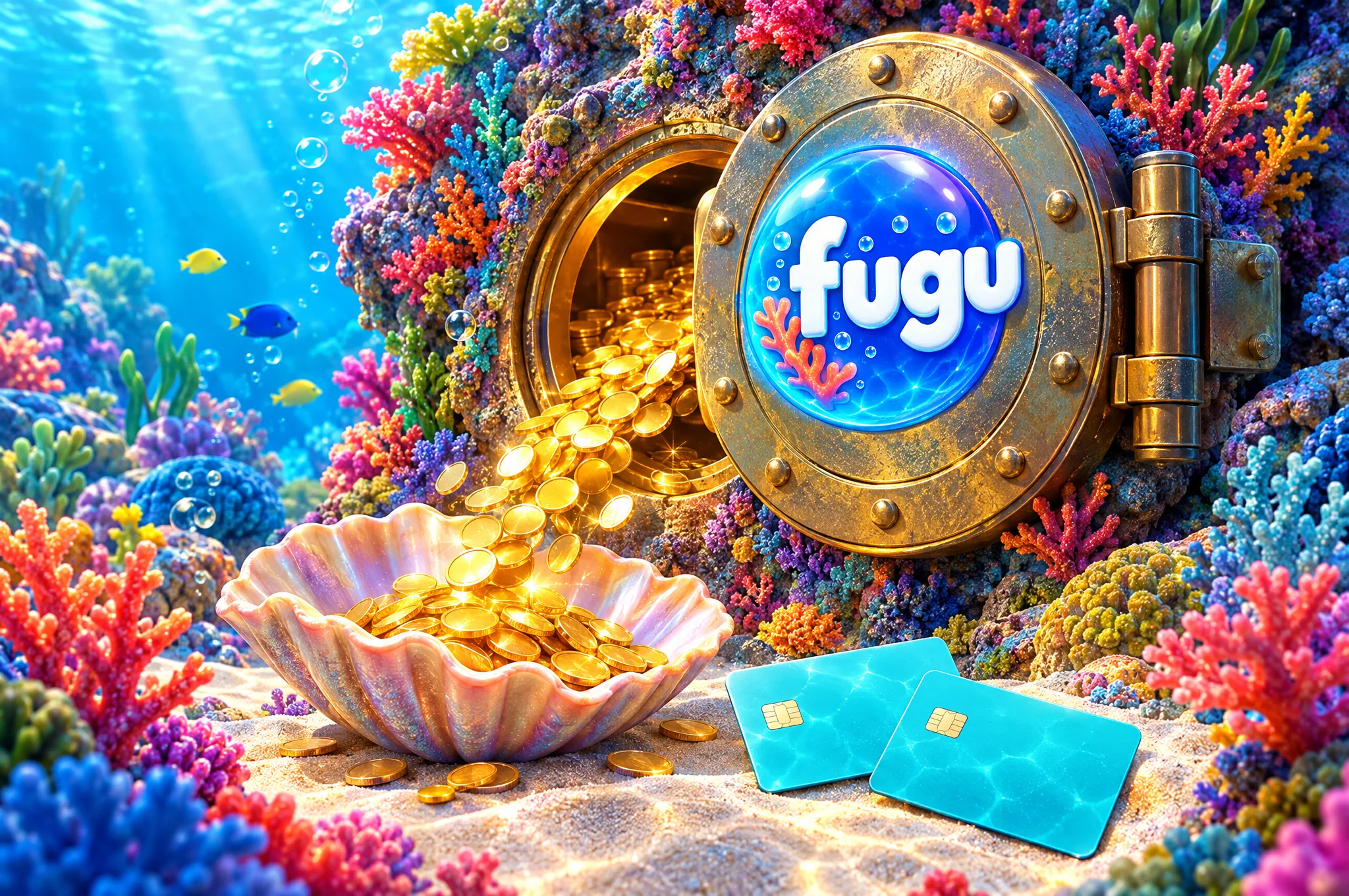 Fugu Casino Zahlungsmotiv mit Bankkarten und Münzen
