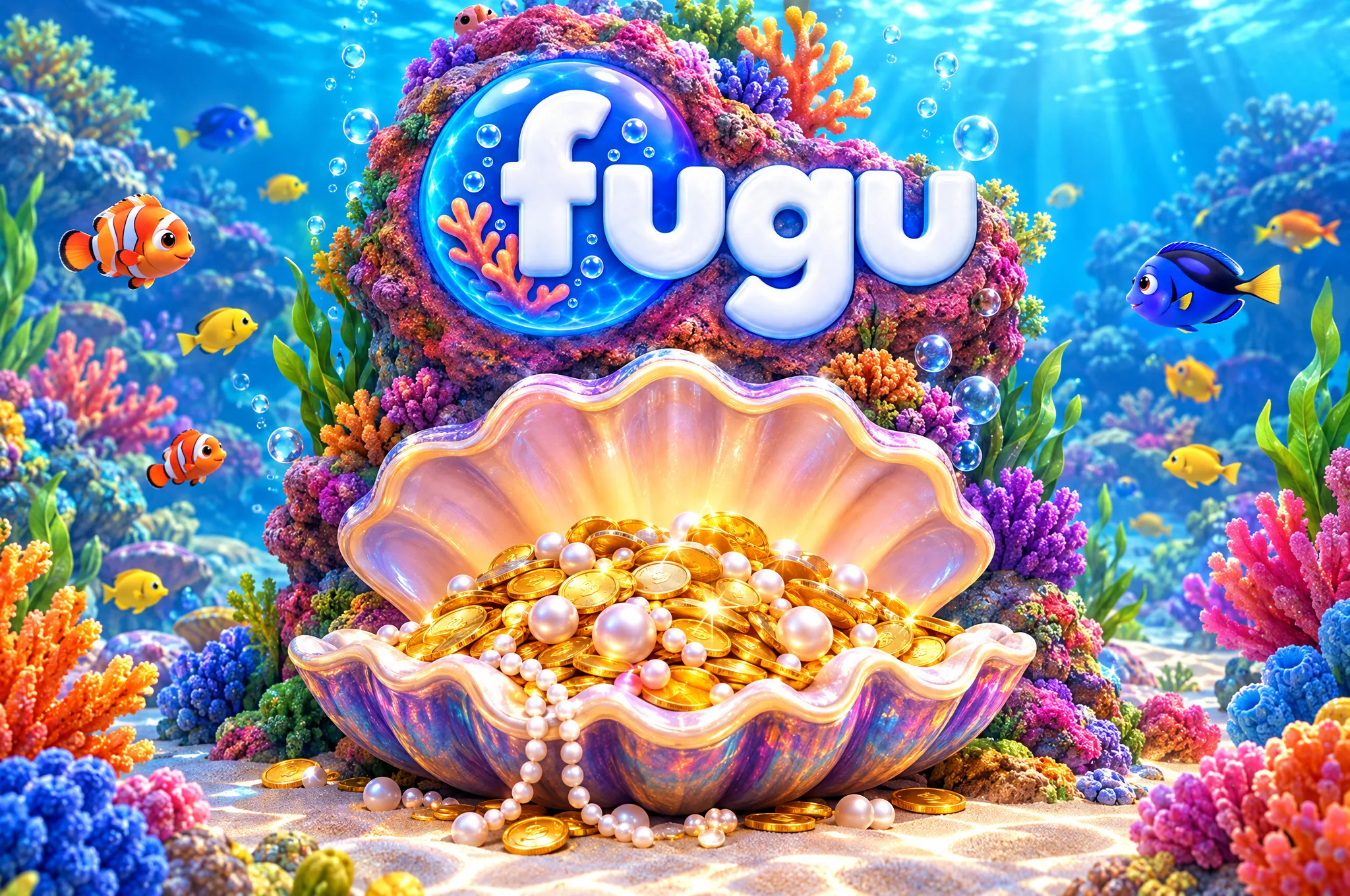 Fugu Casino Bonusmotiv mit Münzen und Perlen